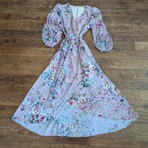 EUC Eliza J High Low Floral Midi Dress Faux Wrap W/ Belt Sheer Chiffon Size 2